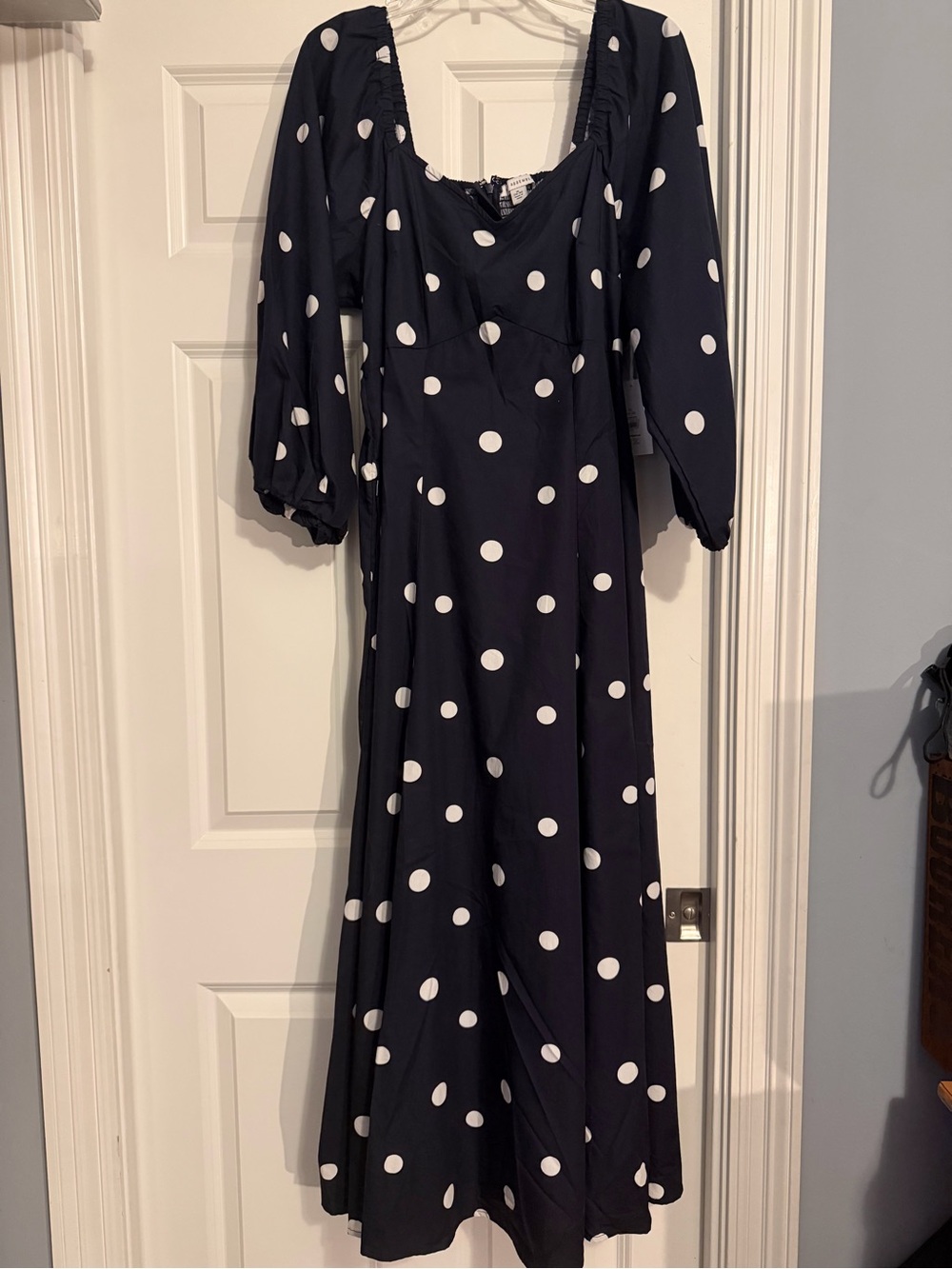 Navy Polka Dot Midi Dress with Puff Sleeves